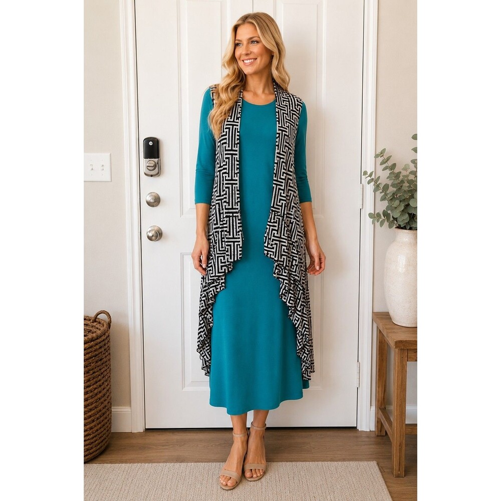 NEW Zadie B's Teal BlueLayering Dress W/ Ruffled Mesh Vest Midi Stretch  Medium